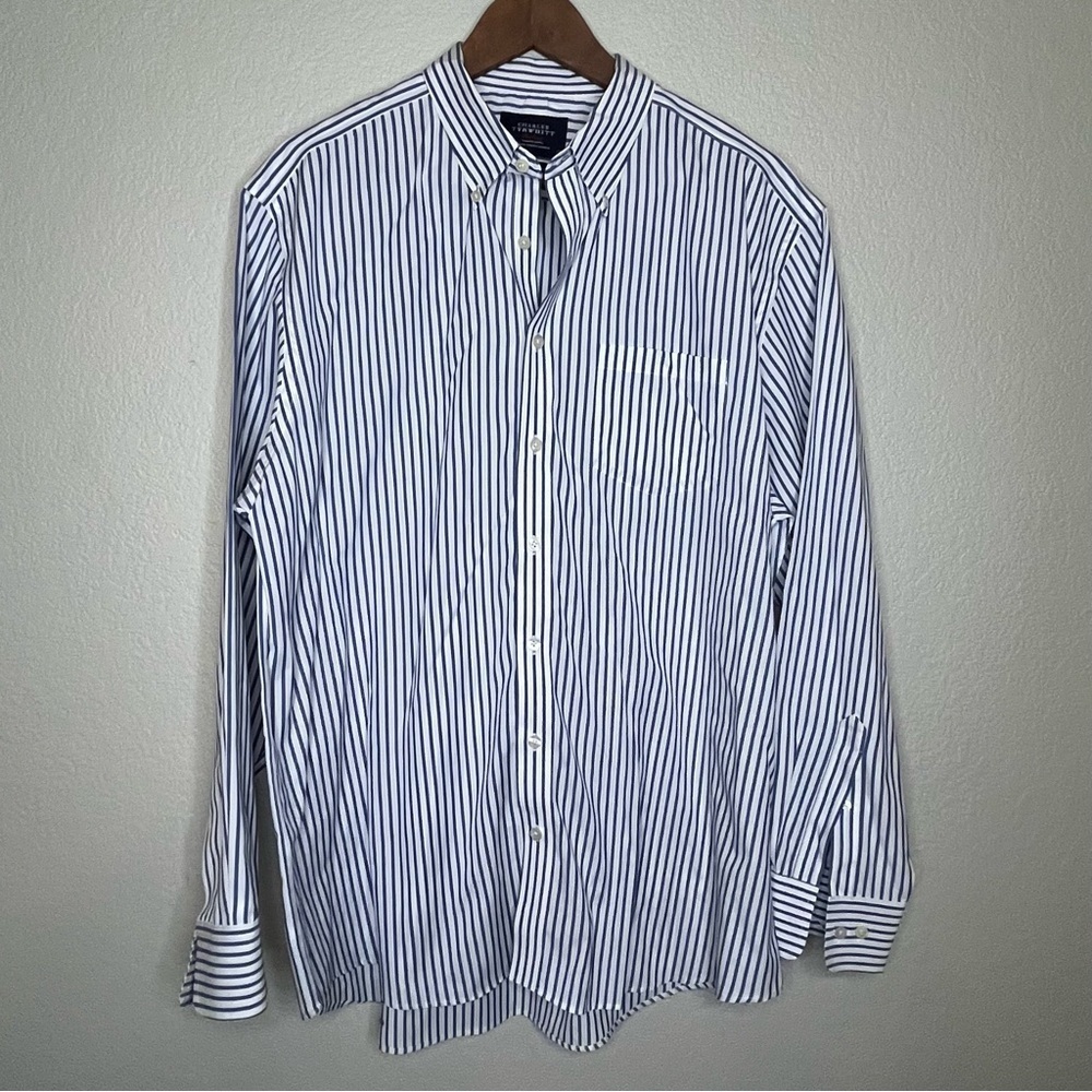 Charles Tyrwhitt Weekend Non Iron Button Down Blue Striped Men's Shirt Size XL